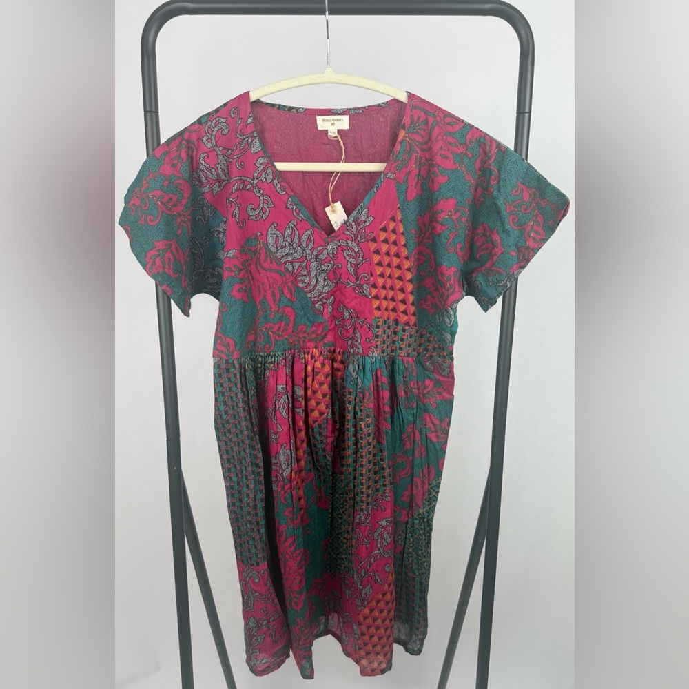 World Market Cotton Boho Patchwork Dress S/M Pink Teal India Short Sleeve Mini - Picture 2 of 5